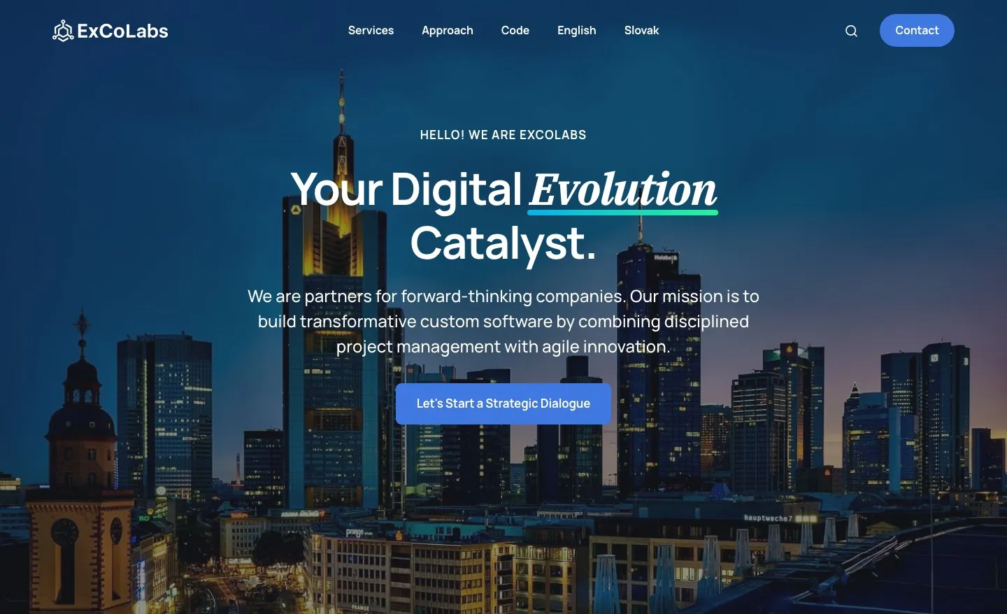 The original ExCoLabs homepage hero, with a night skyline behind the headline “Your Digital Evolution Catalyst.”