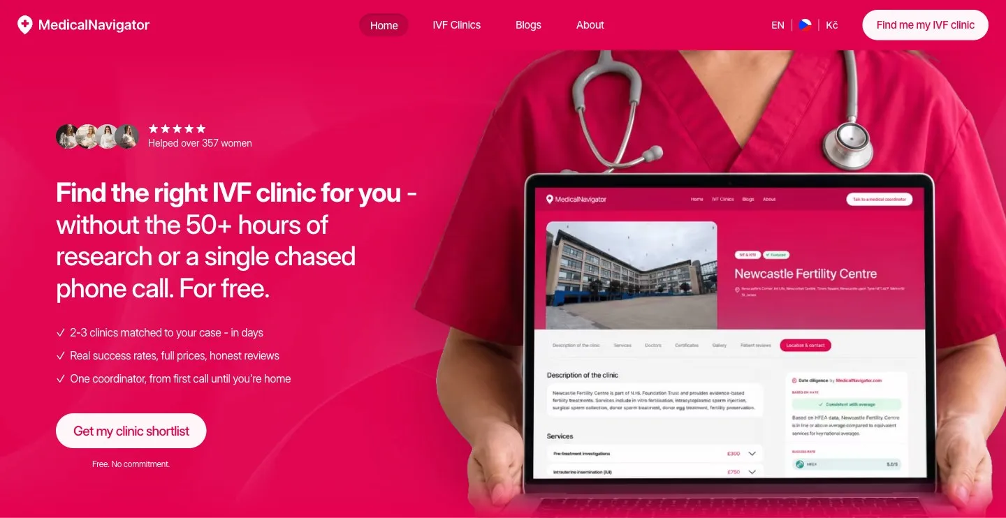 The Medical Navigator homepage, “Find the right IVF clinic for you”, with a clinic profile shown on a laptop.