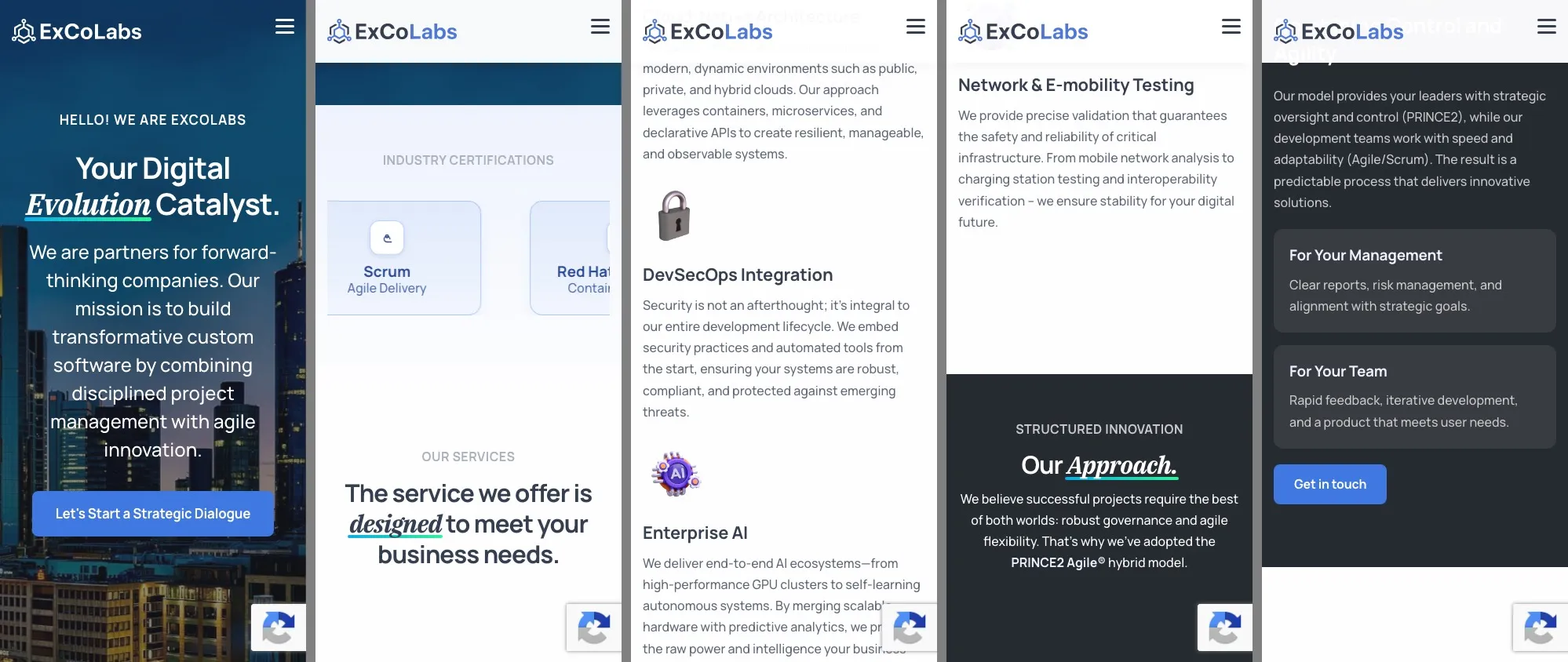 Several homepage sections shown side by side at mobile width.